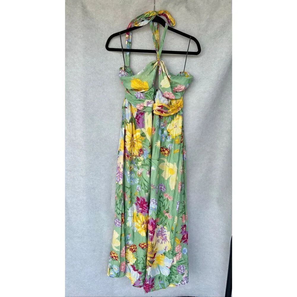 H&M Green Floral Halter Neck Midi Maxi Cut Out Summer Dress SIZE L Vacation Boho - Picture 4 of 11